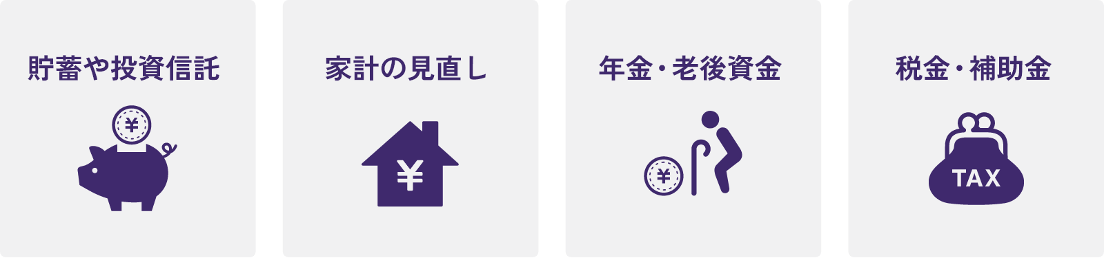 貯蓄や投資信託、家計の見直し、年金・老後資金、税金・補助金